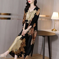 women print mulberry silk v neck loose midi dress summer korean vintage casaul dress 2022 elegant batwing sleeve dress