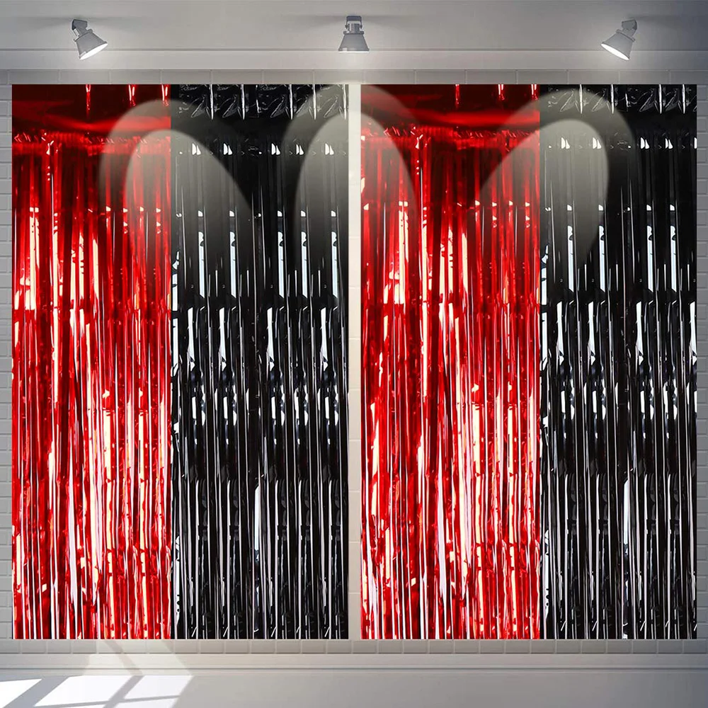 

Graduation Party Red Black Tinsel Foil Fringe Curtains Casino Las Vegas Game Night Birthday Photo Backdrops Wedding Party Decor