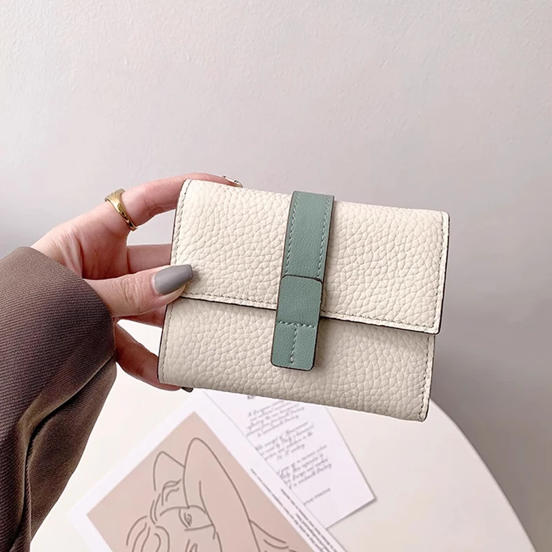 Classic Ladies Fashion Design Leather Coin Purse Lychee Texture Multi Card Slot Buckle with Zipper Compartment