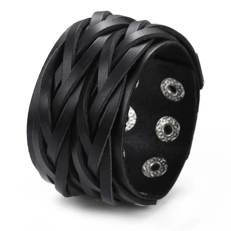 

New Hot Men Leather Wide Bracelet Fashion Vintage Handmade Woven Adjustable Leather Bracelet For Men Jewelry Gift
