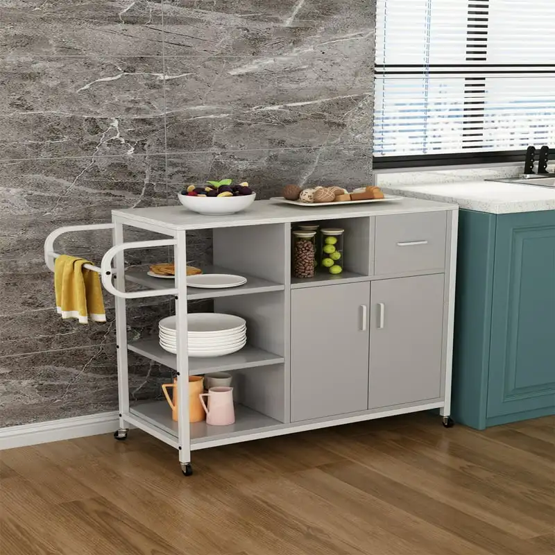 

Кухонный остров на колесах с шкафом для хранения, выдвижным ящиком, вешалкой для специй, вешалкой для полотенец, кухонный стол для кухонного корзины, серый