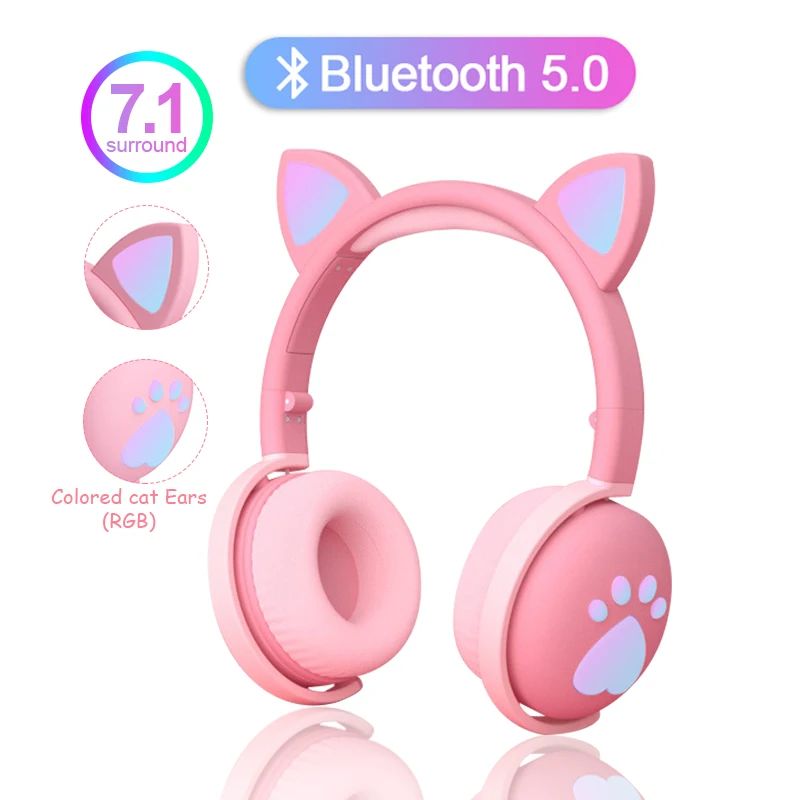 

Colorful Kids Headset Wireless glowing cute LED Cat Ear Paw Girls Gift Bluetooth Headphones HIFI Stereo Bass 3.5mm Plug With Mic