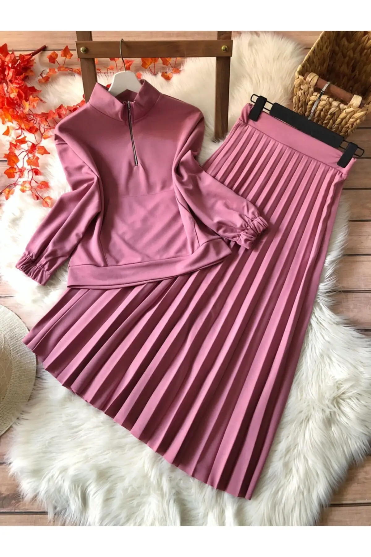 Pilise Skirted Zipper Suit Solid Color Polyester Trend Pink Long Piliseli Crepe 2 Hijab Bottom-Top Suits Clothing