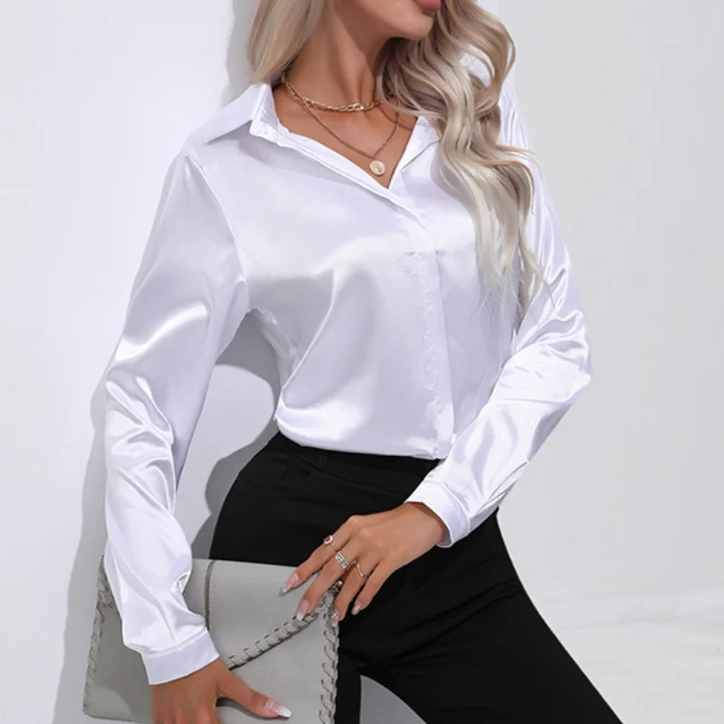 

Blusas Summer Silk Shirts Women Spring Button Up Satin Blouse Loose Office Long Sleeve Ladies Tops Casual Shirt Elegant 26104