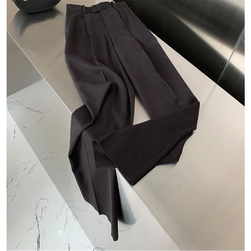 

22 Spring Runway Women Wool Floor-Length Pant Fashion High Waist Button Fly Triangle Pocket Wide Leg Pant Ladies Long Trousers