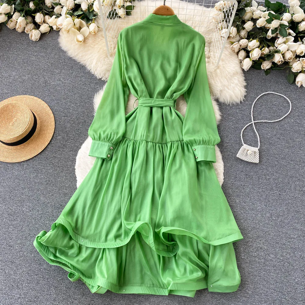 

Amolapha Women Beack Elegant V-Neck Long Sleeve Cascading Ruffles Cake Big Swing Vestidos Female Maxi Robe Dress