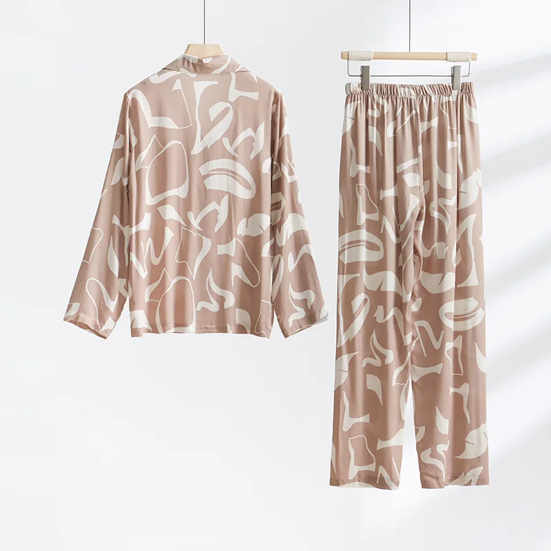 Fashion Light Brown Color Printed Cotton Pijamas for Ladies Long-Sleeved Trousers Homewear Sleeping Pajamas Suit Pjamas