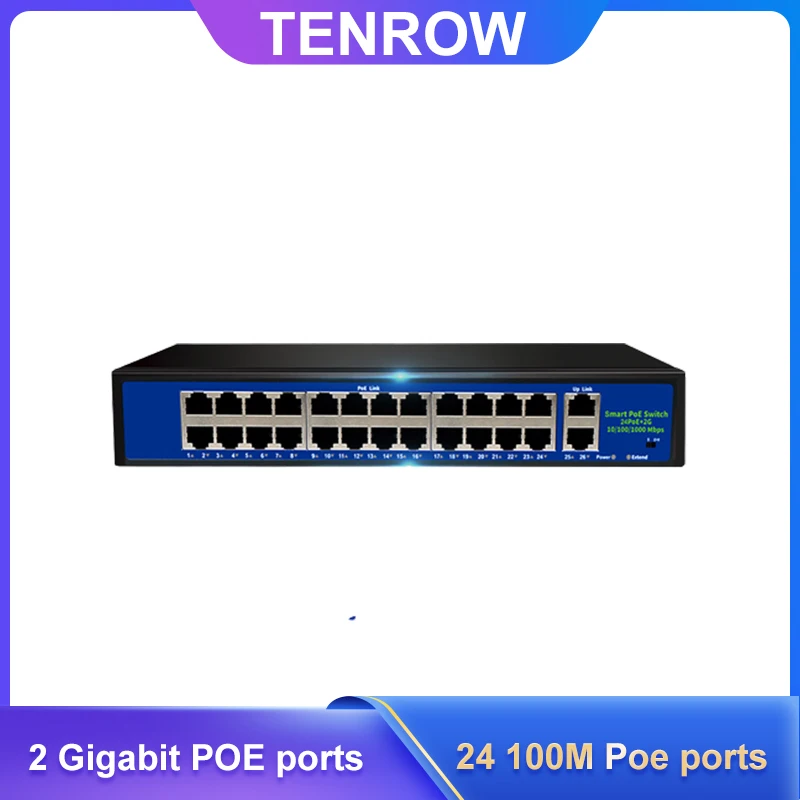 

TENROW 24 Port POE Ethernet Switch 52V VLAN 10/100Mbps IEEE 802.3 Af/at Standard Network Switch for IP Camera Wireless AP 250m