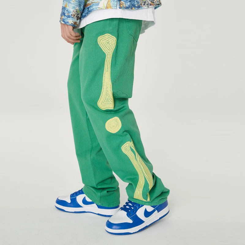 Japanese Fashion Brand Kapital Hiroda Hiroshi Bone Embroidery Trend Versatile Loose Casual Pants Jeans Male Retro Green Trousers