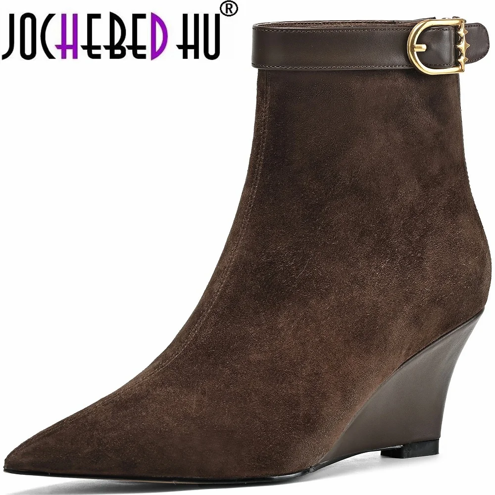 

【JOCHEBED HU】Slope heel Suede Ankle Booties Block High Heel Dress Women Boots Winter Autumn Ankle Buckle Size 33-40