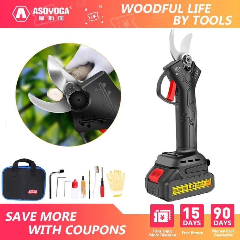 

ASOYOGA Electric Pruning Shears Cordless Brushless Pruner Battery Set Fruit Tree Bonsai Rechargeable Garden Branches Cutter