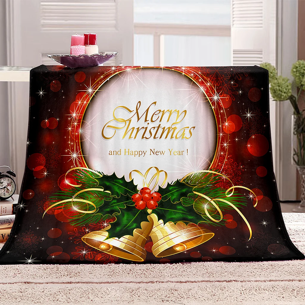 

Red Happy New Year Marry Christmas Gold Bell Kids Soft Warm Polyester Throw Flannel Blanket for Couch Bed Travel Cover