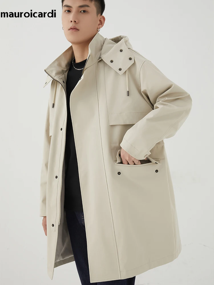 

Mauroicardi Autumn Oversized Black Off White Windbreaker Men with Drawstring Hood Pockets Zip Up Luxury Designer Clothes 2022