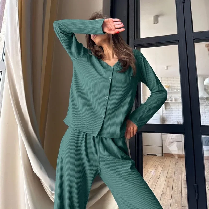 Осень 2024 новая Пижама Wonen's кардиган с длинными рукавами длинные брюки комплект