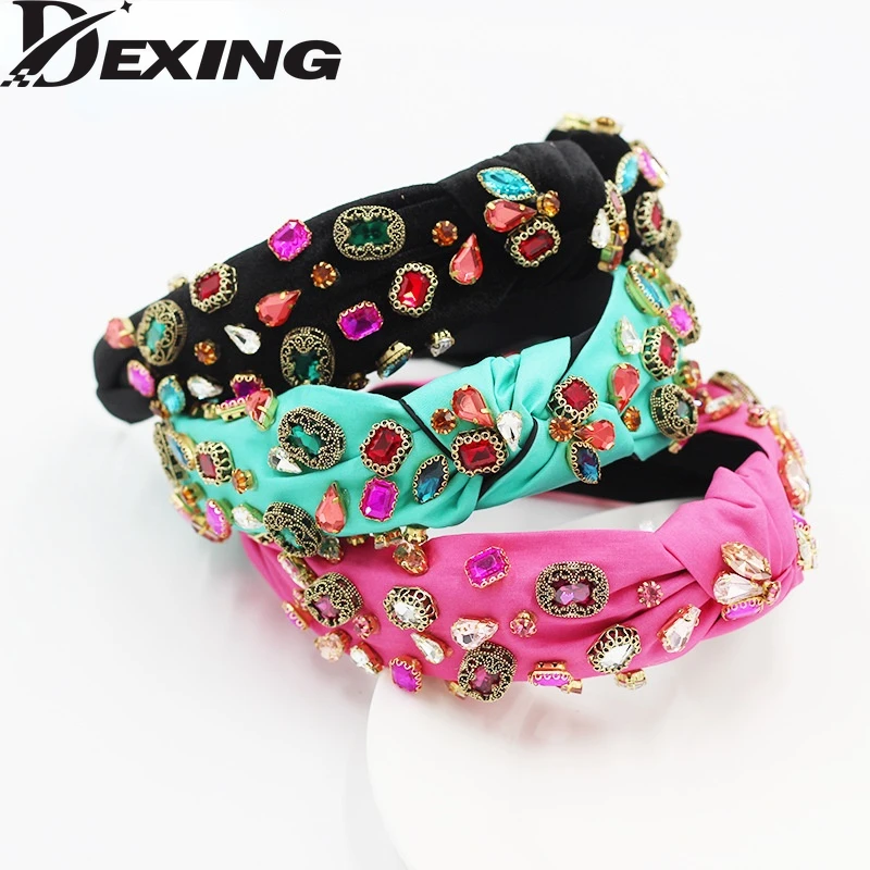 

Fashion Baroque Fluorescent Colorful Gemstone Headband Rhinestone Flower Wide Headband Fashionable Hair Accessories