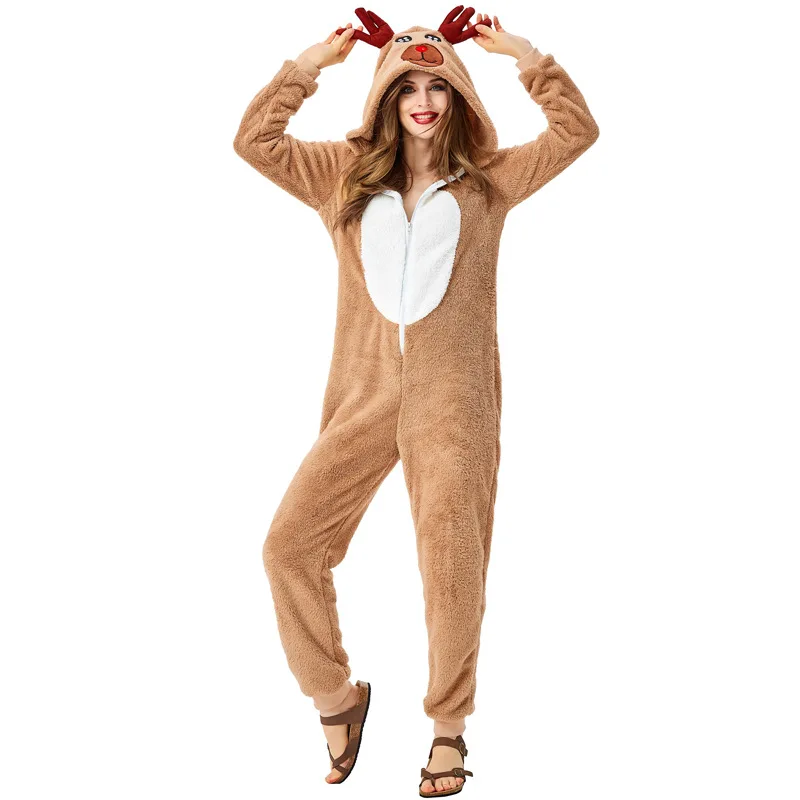 

Xmas Christmas Elf Reindeer Costume Pajamas for Women Adult Hooded Cozy Fawn Deer Cosplay Onesie Jumpsuit Fleece