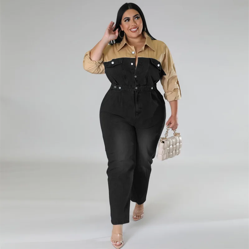Plus Size Women Clothing Plus Size Jumpsuit Office Lady Turn-down Collar Button Long Sleeve Color Contrast Ankle-Length Full