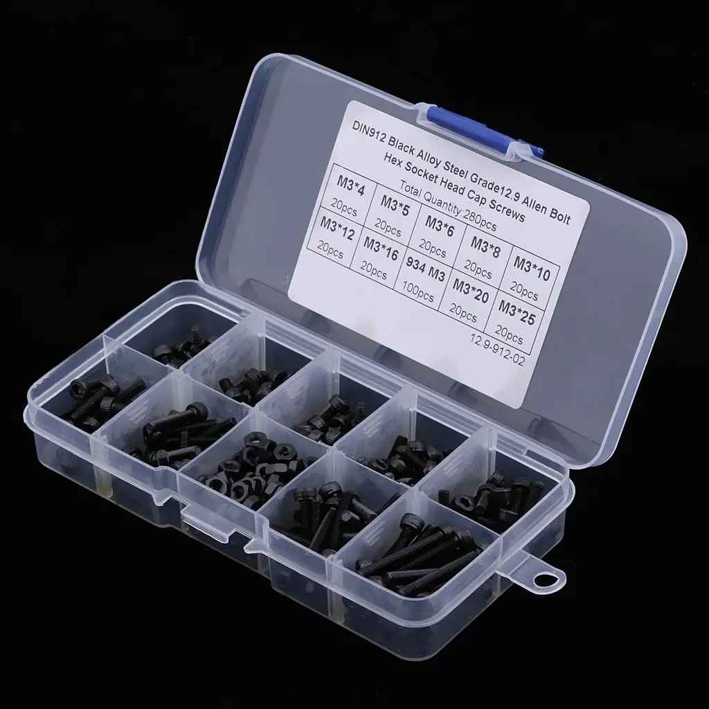 

280Pcs Carbon Steel M3 Screw Kits Hex Socket 4mm-25mm Head Tapping Set