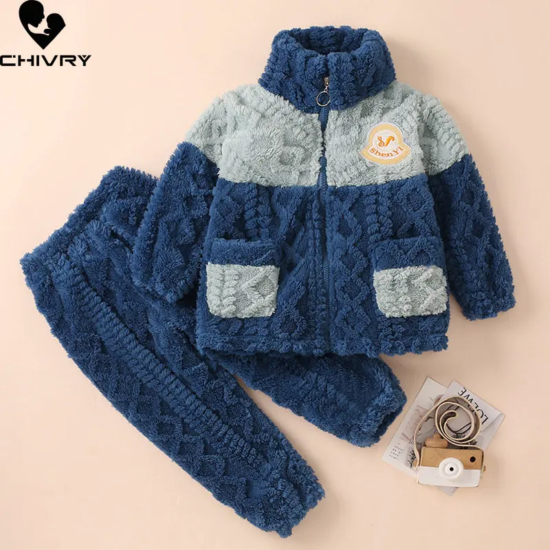 New Kids Flannel Pajama Sets Autumn Winter Boys Girls Thicken Warm Zipper Lapel Tops with Pants Baby Pyjamas Sleepwear Clothing