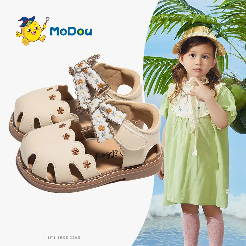 

Mo Dou Girl's Leather Sandals Soft Baby Toddlers Toe-wrapped Princess Beach Shoes Non-slip Sweet Bowknot Embroidery Flowers Cozy