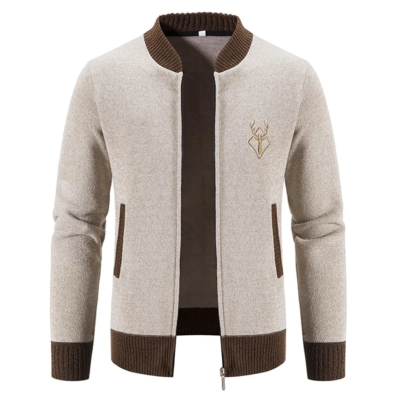 

Autumn and Winter Men's Thick Knit Jacket Business Casual Stand Collar Cardigan Embroidered Contrast Color Long Sleeved Sweater