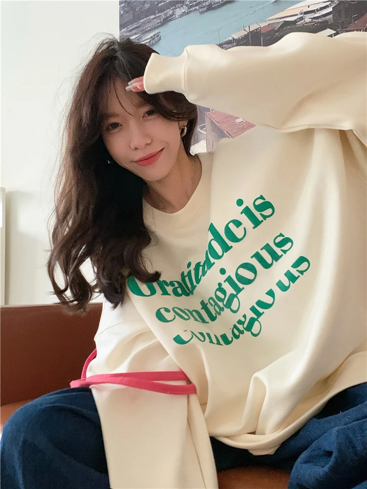 Корейская свободная толстовка с буквенным принтом Женский Осенний Топ длинным