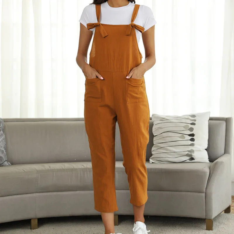 

Spring and Summer New Women's Literary Cotton and Linen Plus Size Straps Casual Trousers Jumpsuit Solid Color Overalls for Women