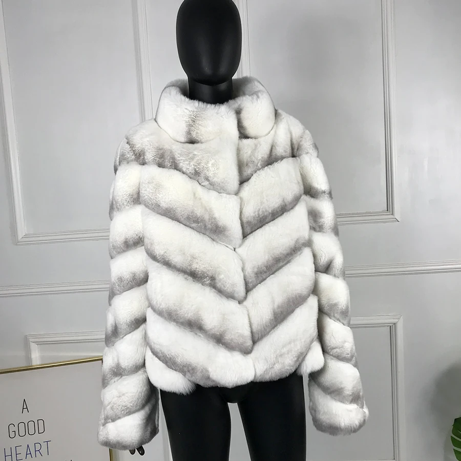 Women Fur Coat Winter Jacket Genuine Natural Rex Rabbit Fur Outwear Chinchilla Color Hot Sale