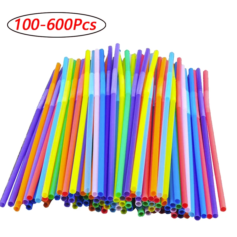 

100-600Pcs Multicolor Plastic Straws Drink Kitchen Beverage Cocktail Disposable Drinking Straw Party Kitchenware Accessories
