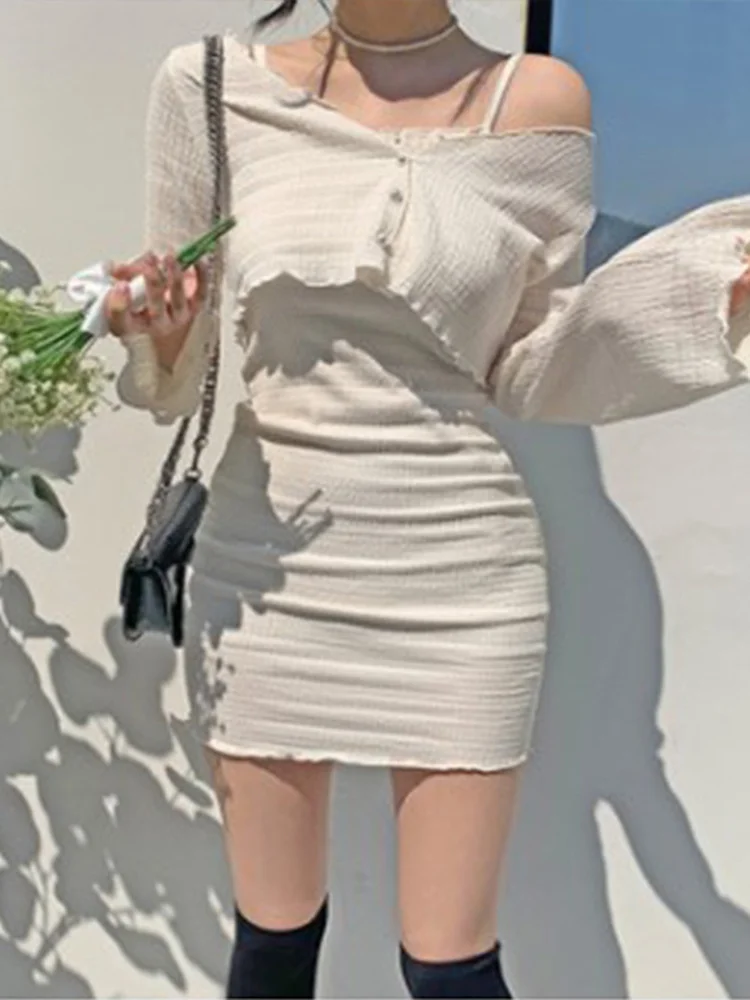 

2022 Autumn Solid Two Pieces Set Women Long Sleeve Crop Cardigan + Sleeveless Mini Camisole Dress Korean Fashion Y2k Streetwear