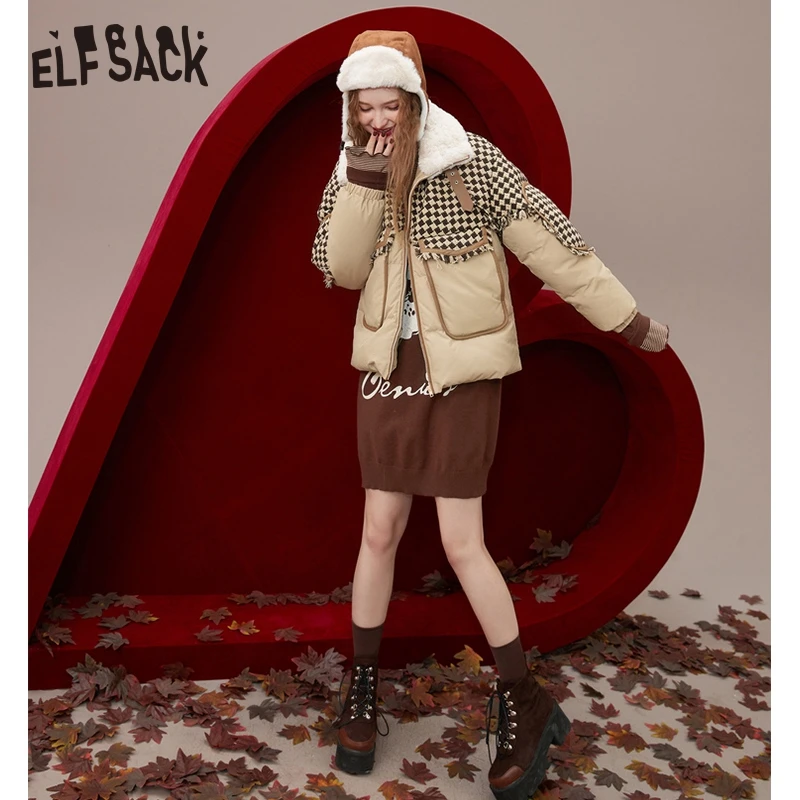 ELFSACK Brown Vintage Down Coats Women 2022 Winter New Design Short Outwears