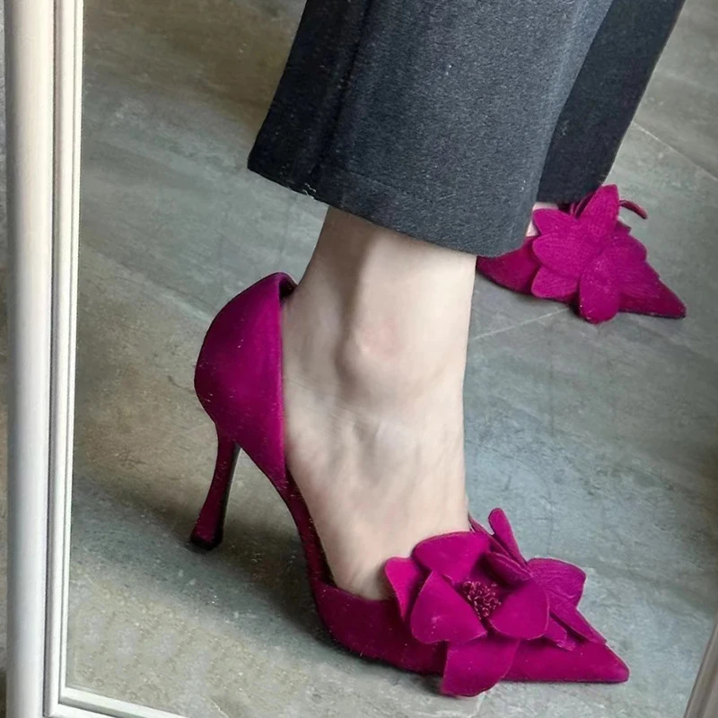 Spring and summer new suede flower hollow sexy pointed sandals thin high heel banquet dress versatile fashion women single shoes