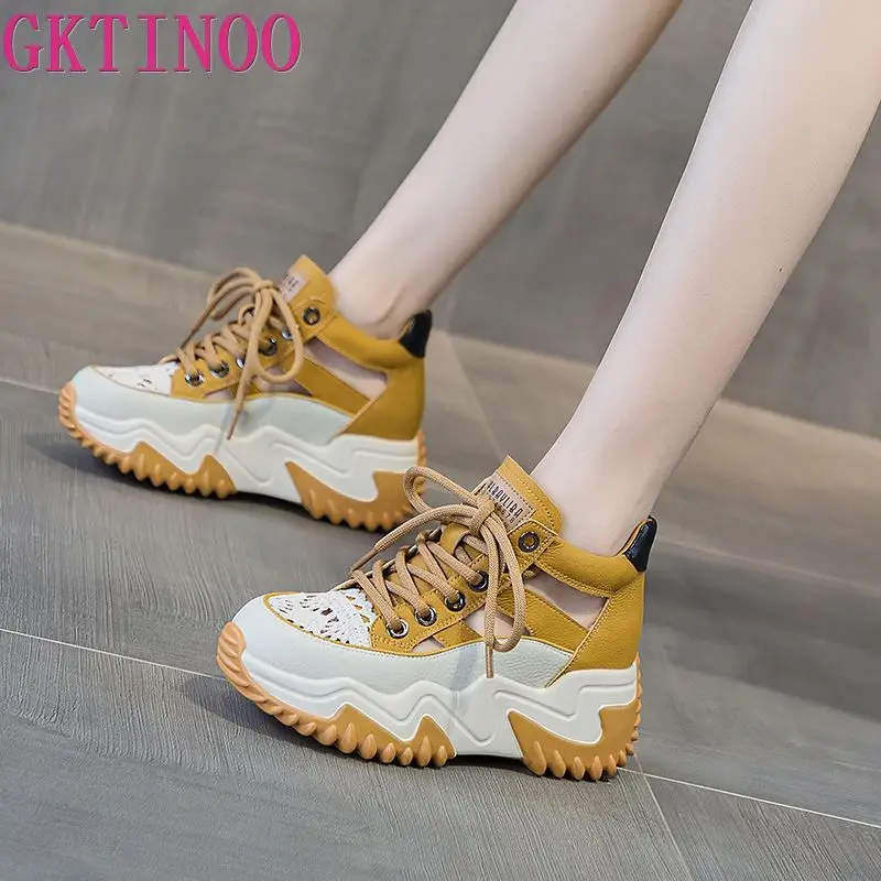 

GKTINOO Genuine Leather Women Platform Sandals Wedges Shoes Hollow Women Summer Height Increasing Sneakers Elegant Ankle Boots