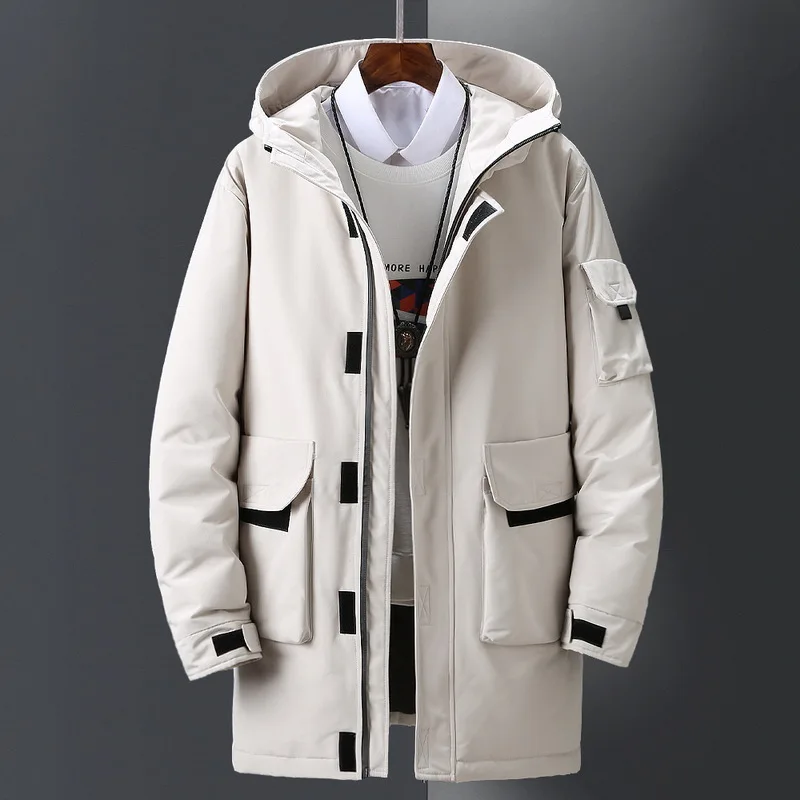 

Thick Coat Windbreaker Winter Trend Handsome Tide Brand Solid Color Tooling Coat Hooded Long Windbreaker Men Trench Coat Jacket