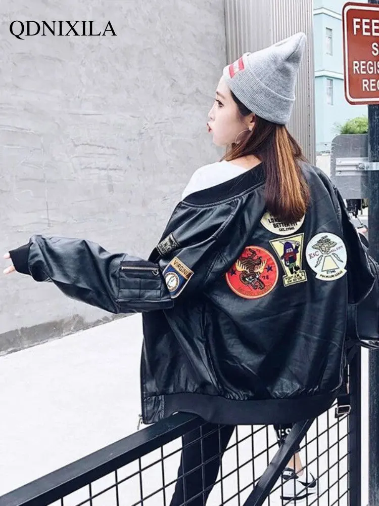 New Embroidered Women's Leather Jacket for Female Couples Loose Jackets Korean Version Coats Motorcycle Leather Jacket Woman