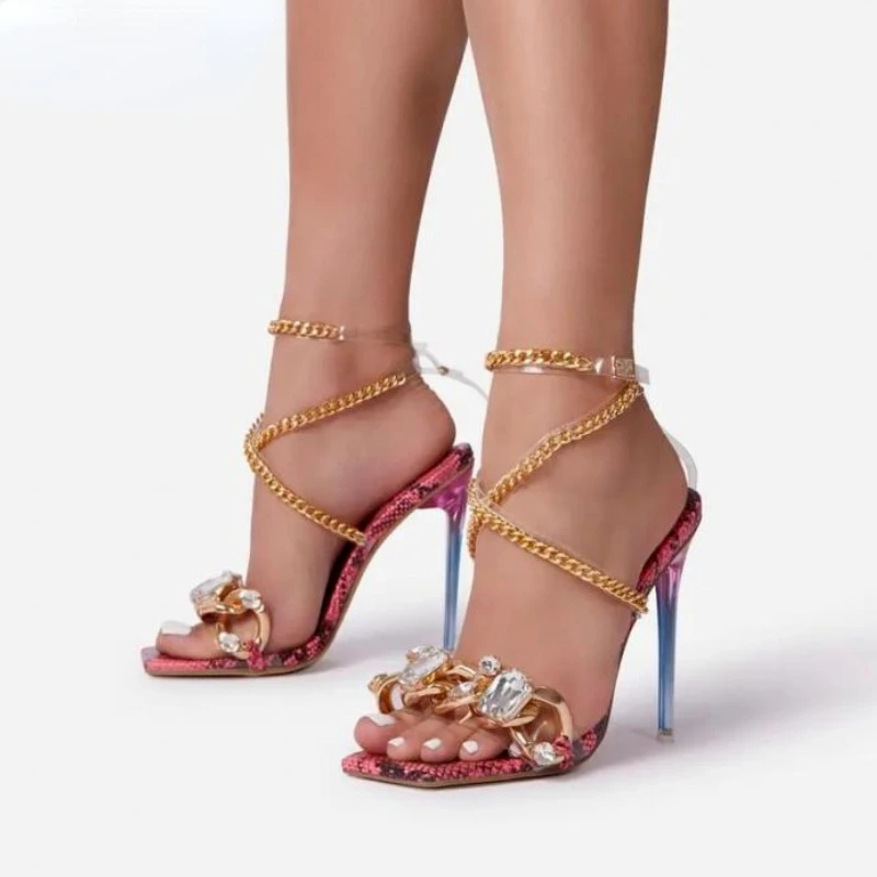 

Sexy Summer Sandals Shoes for Women Party Cross-Tied Rome Classics Lace-up Concise Mixed Colors Peep Toe Chain Serpentine Pvc