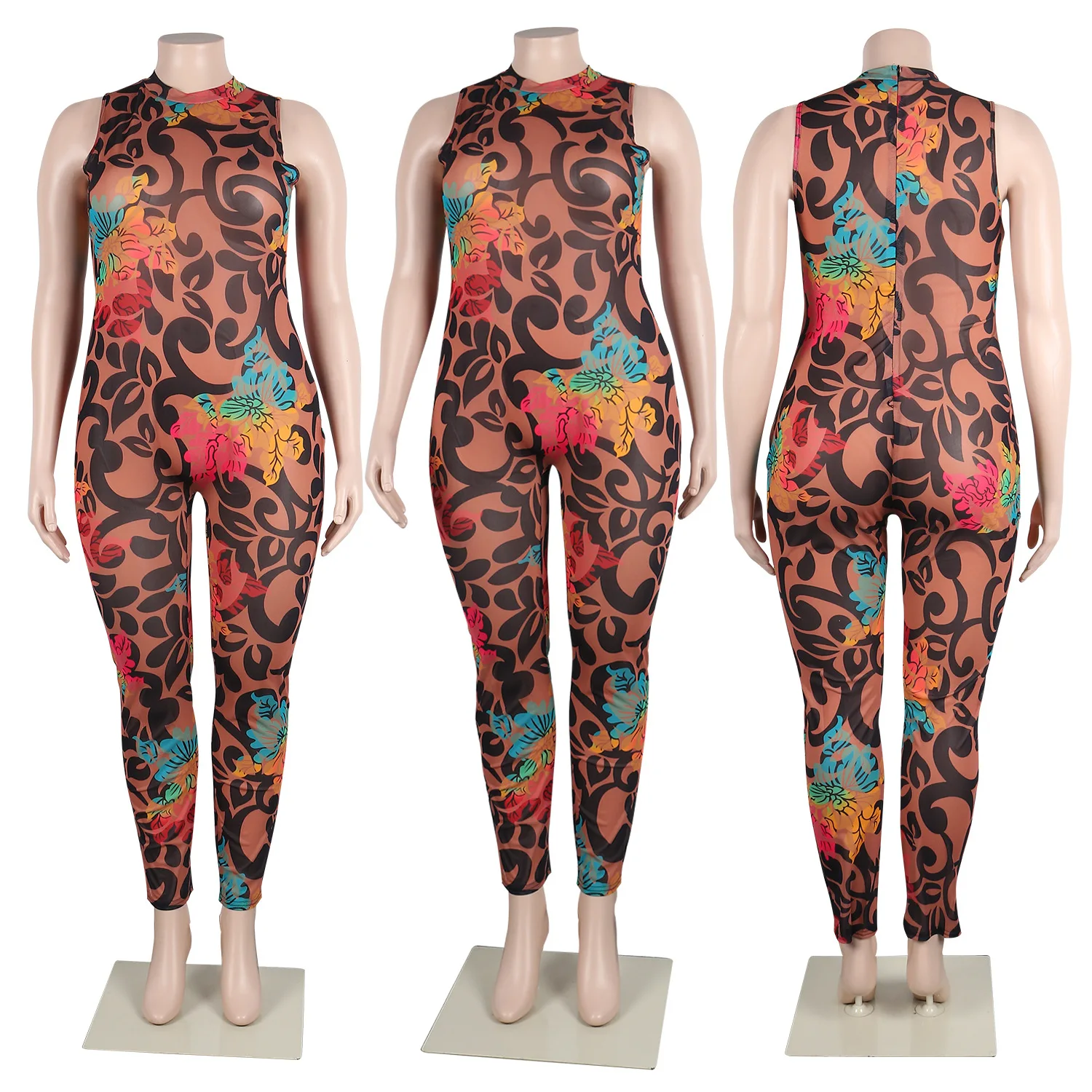 Plus Size One Piece Clothing Floral Mesh See Through Casual Outfit Women Sexy Pencil Pants 2023 Summer Female Fashion Jumpsuit