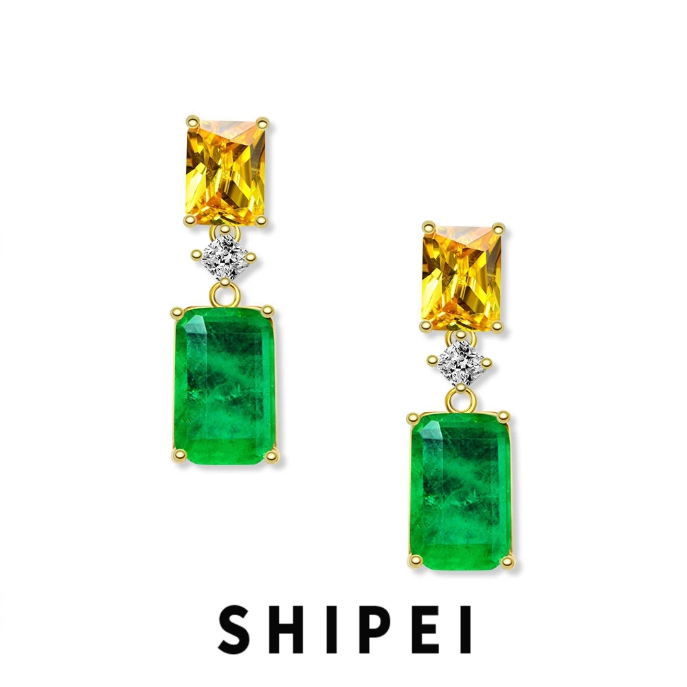 

SHIPEI Vintage 925 Sterling Silver 5CT Emerald Citrine Gemstone Dangle Earrings Wedding Engagement Fine Jewelry for Women Gifts