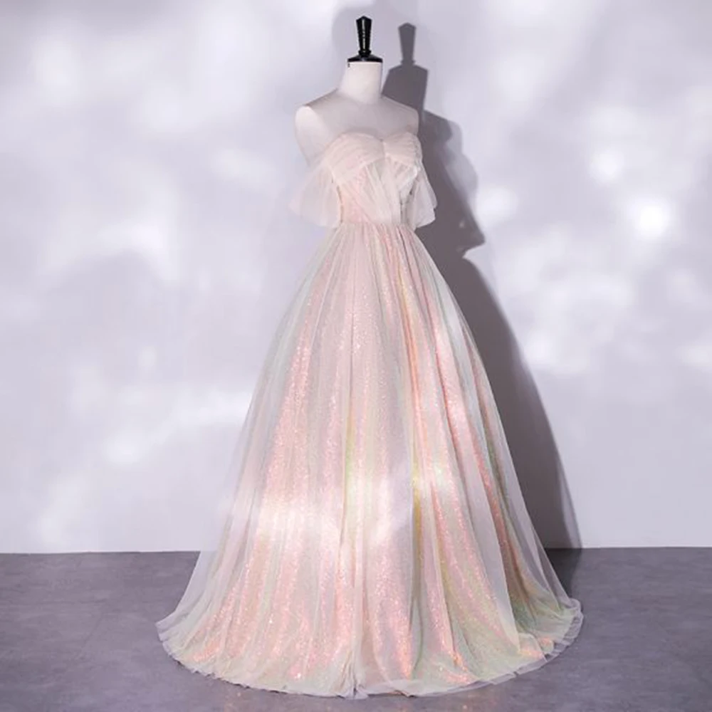 

Exquisite A-Line Prom Dresses Sequined Strapless Floor-Length EVening Dress Short Sleeve Lace Up Backless Celebrity Party Gowns