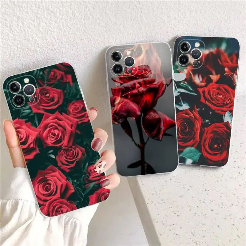 

Bright Red Rose Flowers Phone Case For iPhone 14 13 12 11 Pro Max XS X XR SE 2020 6 7 8 Plus Mini Transparent Shell