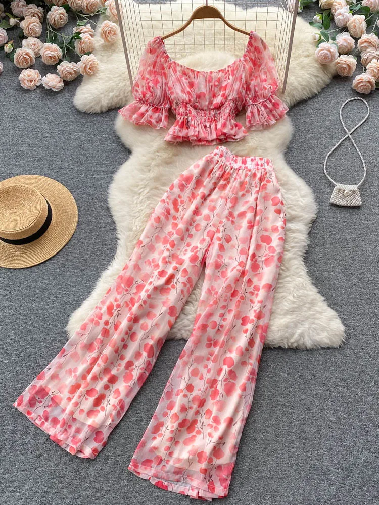 

Summer Floral Chiffon Shirt Feminine Square Collar Short Puff Sleeve Top High Waist Wide Leg Pants Two-piece Set Women D1374