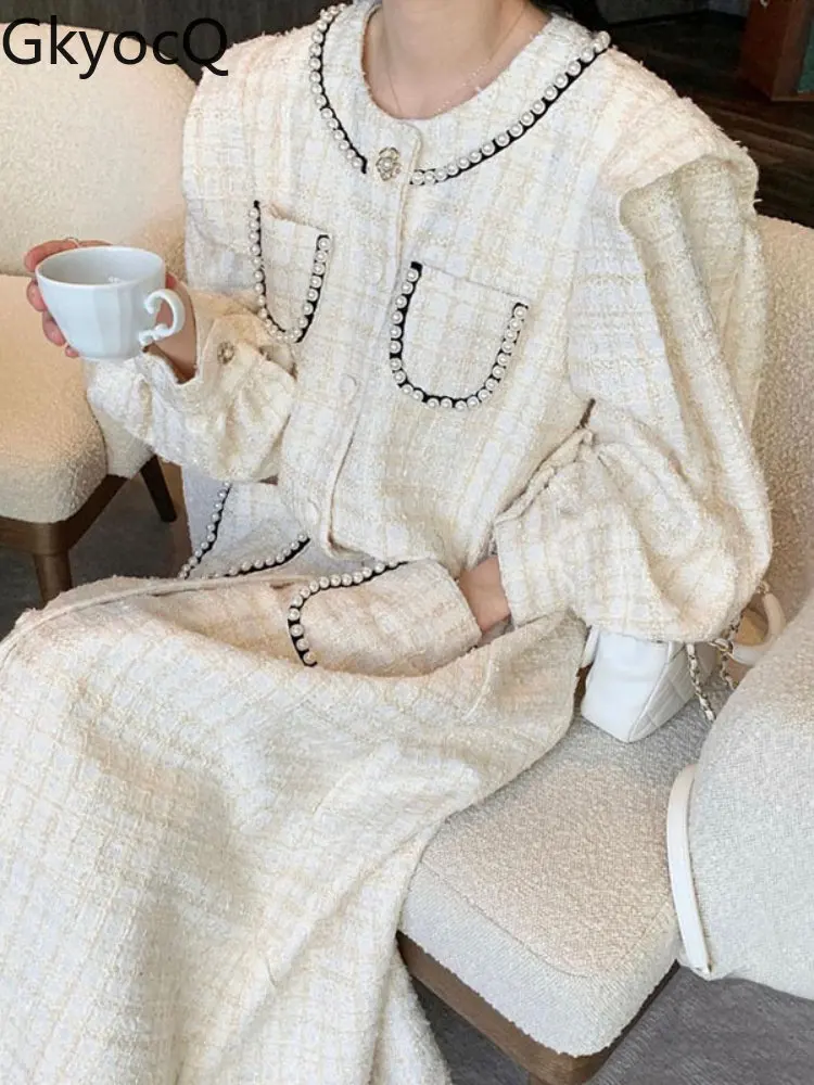 

Elegant Round Neck Pearl Embellished Single Breasted Lantern Sleeve Long Tassel Plaid Dress Women Autumn Winter Warm Clothing