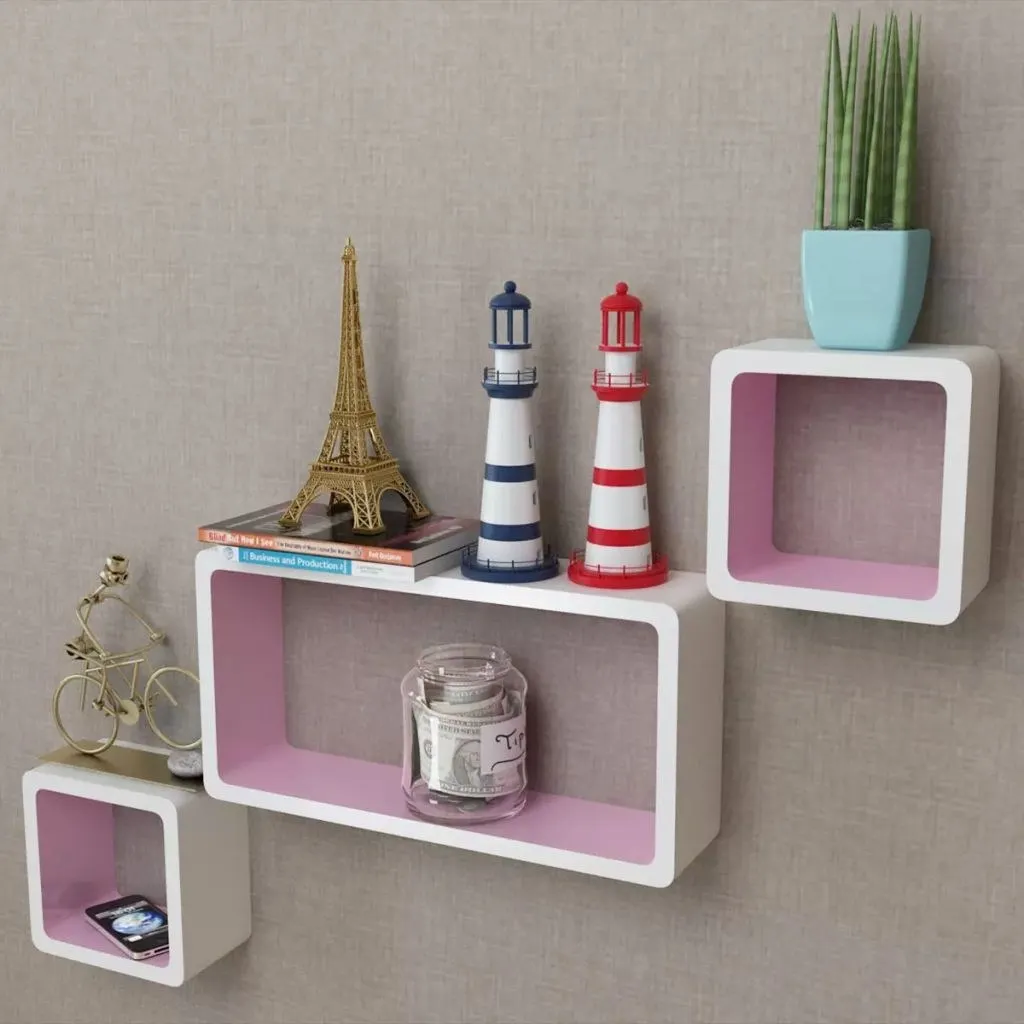 

3 White-Pink MDF Floating Wall Display Shelf Cubes Book/DVD Storage