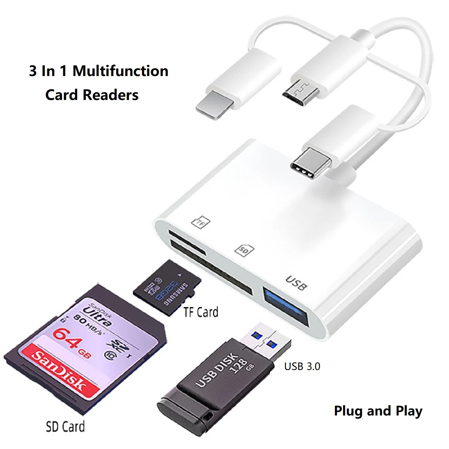 3/5 in 1 Memory Card Reader USB OTG Extender Adapter & SD Card Reader For iPhone/iPad USB C and USB A Devices with SD Card Slots