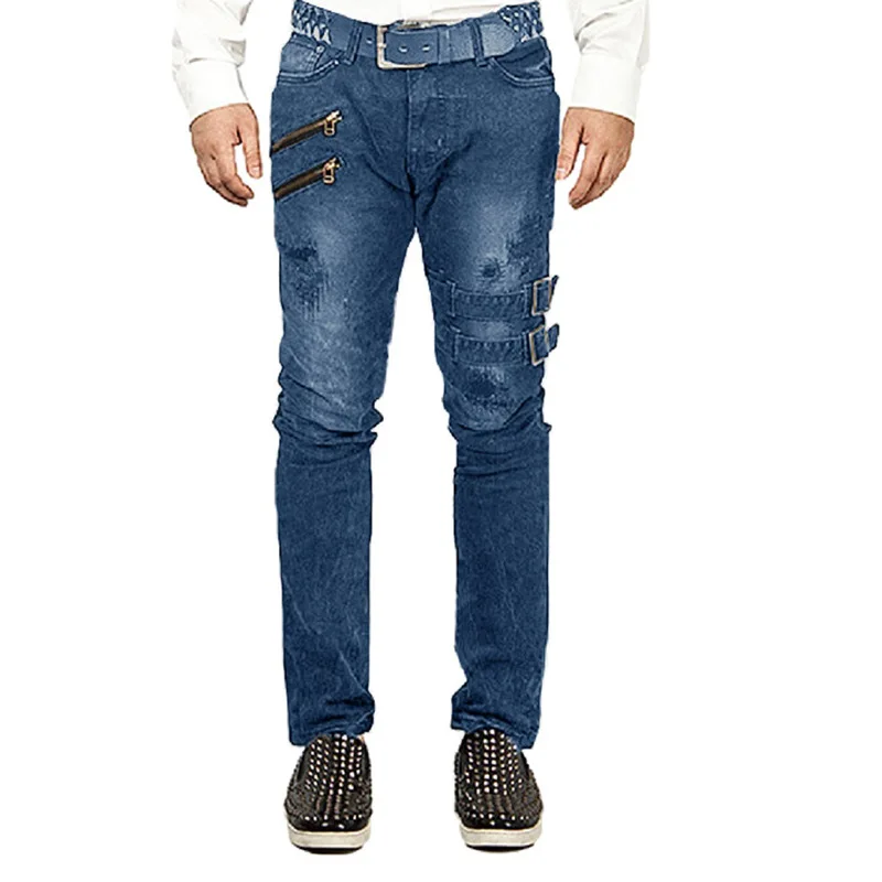 Men Jeans Spring Summer Zipper Ripped Denim Straight-Leg Pants Streetwear Vintage Jeans Men's Casual Mid Waist Pocket Jeans