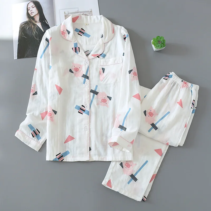 

Cotton Pajamas Sets Woman Nightwear Double Gauze Spring Autumn Thin Lapel Long Sleeve Trousers Home Living Clothes Loungewear