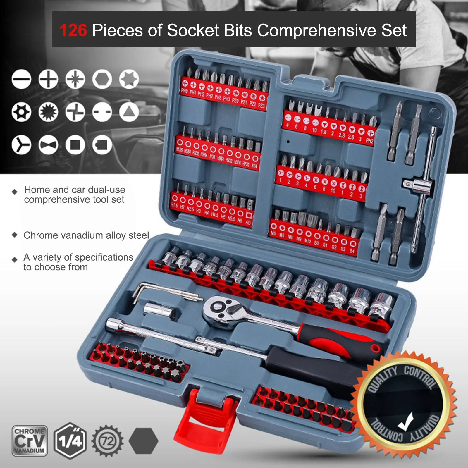 

126 PCS Chrome Vanadium Steel Ratchet Socket Wrench Tool Plate Ratchet Handle Wrench Tools Bicycle Car Repair Tool Kit Set