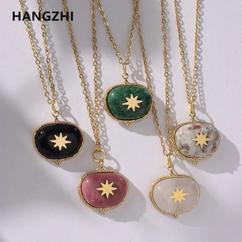 

HangZhi Bohemia Natural Stone Inlaid Stainless Steel Hexagonal Star Pendant Gold Plated Neckalce for Women Party Jewelry 2023