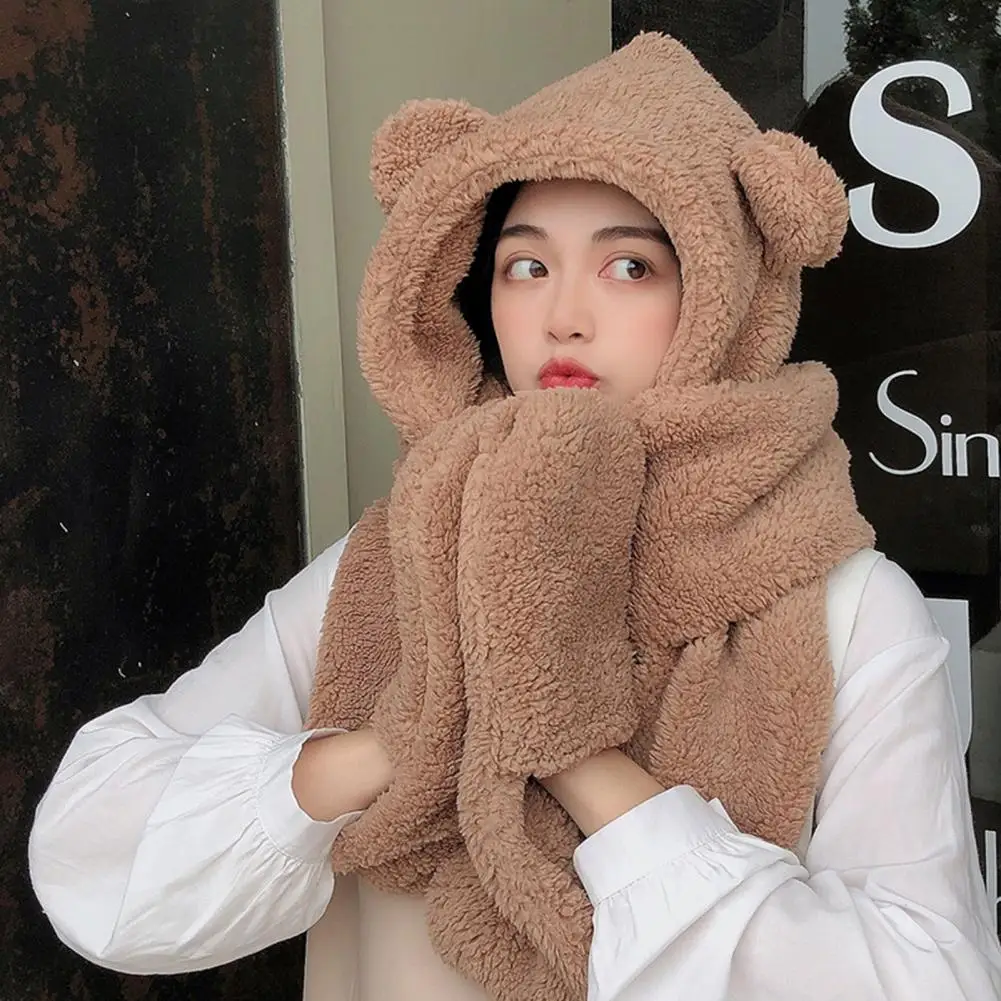 

Women Hat Solid Color Bear Ear Autumn Winter Coldproof No Brim Cap Scarf Gloves for Outdoor