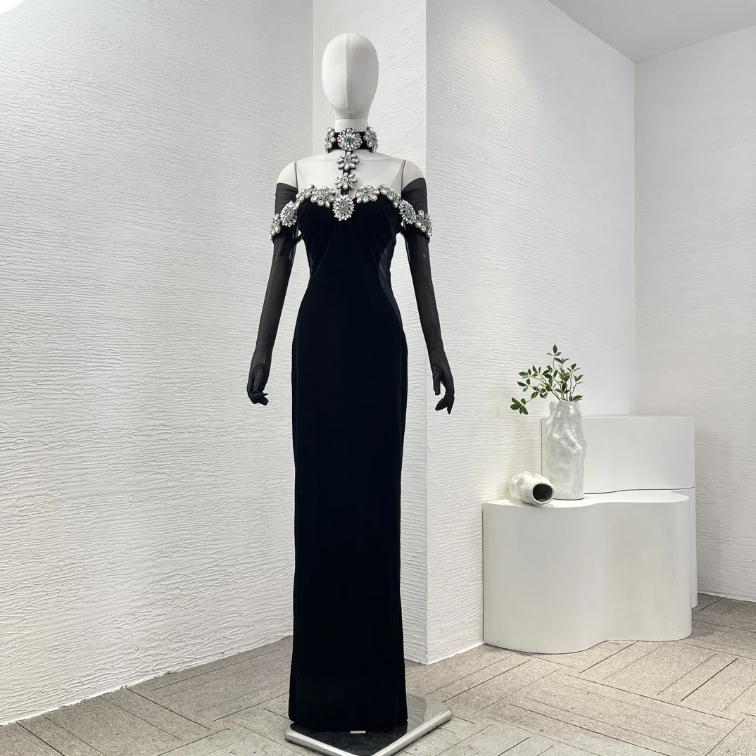 Женское платье-Русалка с длинным рукавом из черного тюля